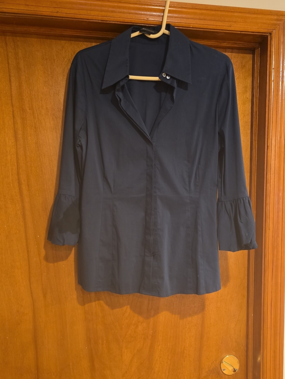 BCBGMaxAzria Navy Button-Front Shirt with Ruffle Sleeves